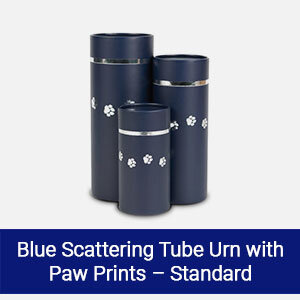 Blue scattering tube urn with paw prints for pet memorial and cremation services
