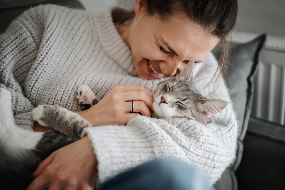 Happy young woman smiling and holding a cute gray cat, reflecting the human-pet bond