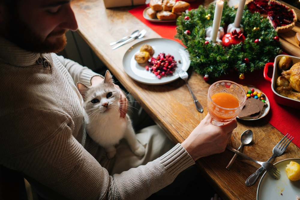 Bearded man sitting at a festive table enjoying a holiday celebration with his pet