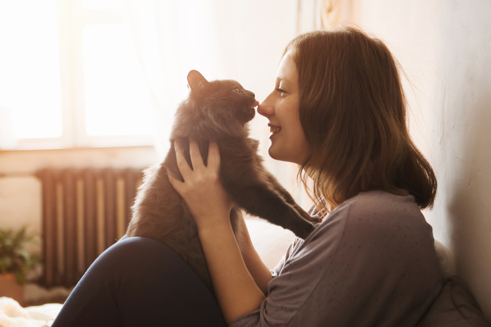 Young woman playing with her cat at home – pet bonding and enrichment tips