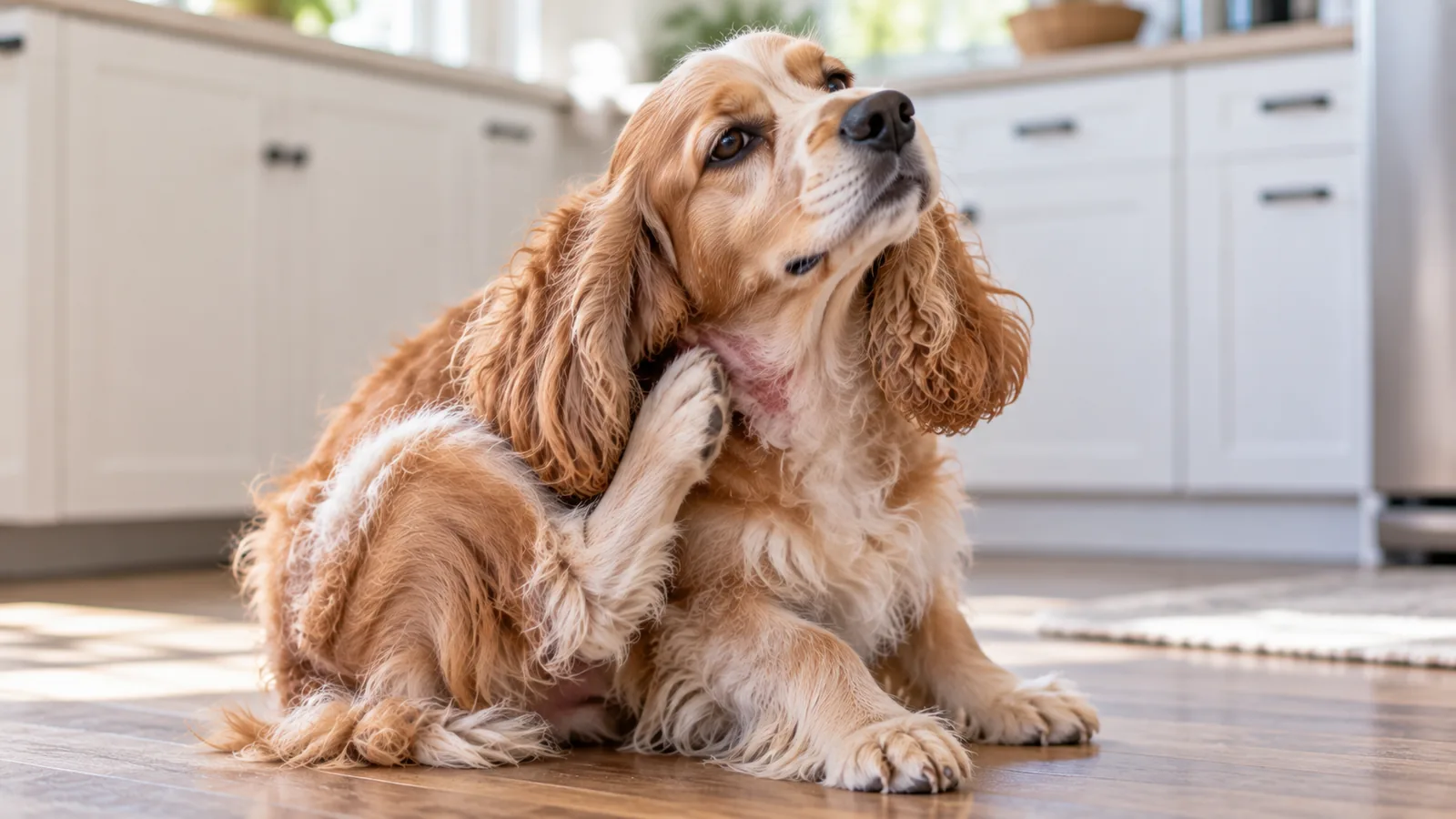 A tan and white cocker spaniel sitting on a kitchen floor, scratching its neck with a hind paw